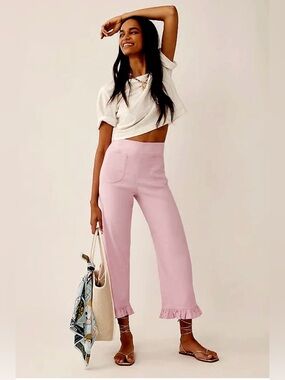 Anthropologie Maeve The Colette Ruffle-Hem Linen Crop Pants Lilac Pink 26 NWT